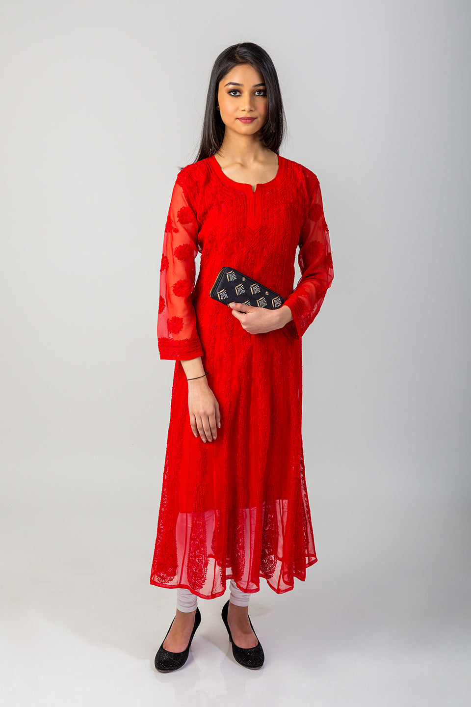 Lucknow Chikan Emporium Hand Chikankari Semi Georgette red Anarkali Kurti