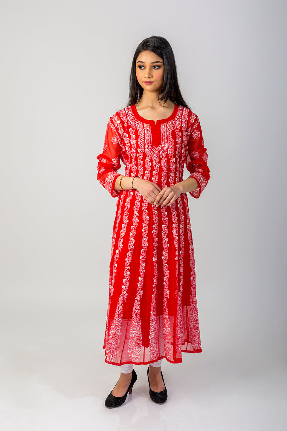 Lucknow Chikan Emporium Hand Chikankari Semi Georgette red Anarkali Kurti