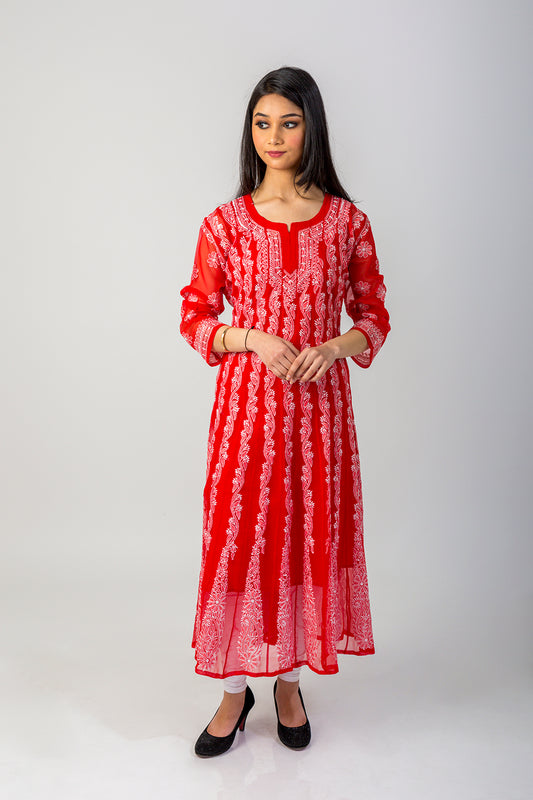 Lucknow Chikan Emporium Hand Chikankari Semi Georgette red Anarkali Kurti