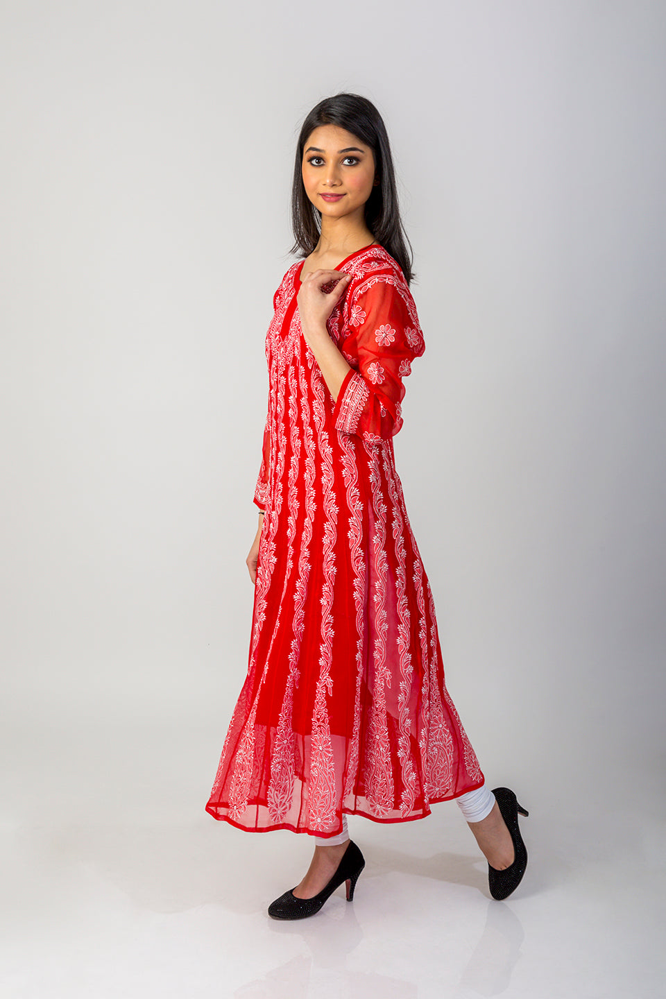Lucknow Chikan Emporium Hand Chikankari Semi Georgette red Anarkali Kurti