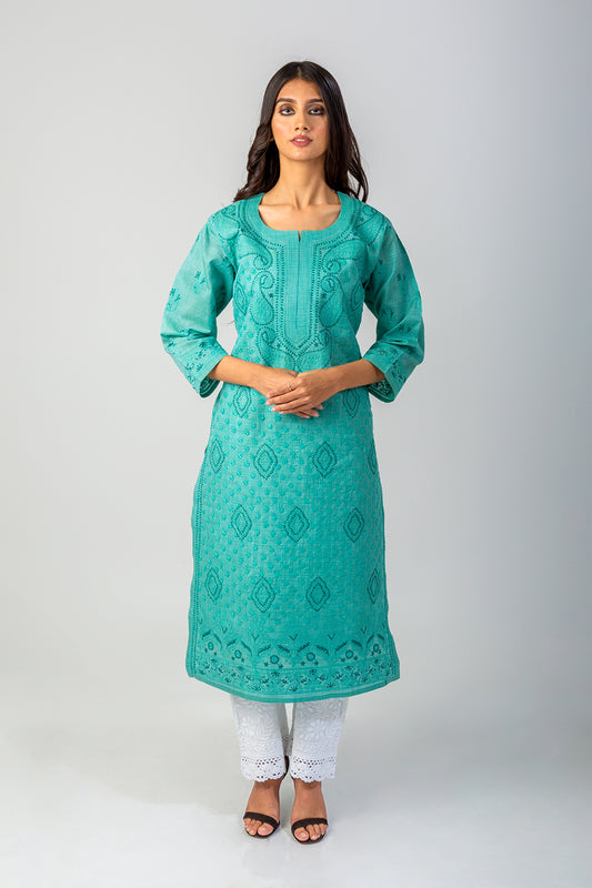 Cotton Silk Kurti Sea Green Colour Hand Chikankari Lucknow Chikan Emporium.