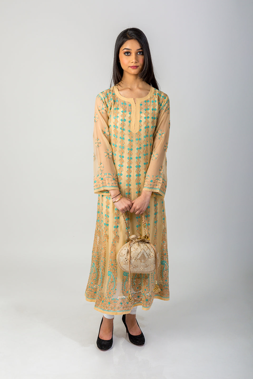 Lucknow Chikan Emporium Hand Chikankari Semi Georgette beig colour Anarkali Kurti