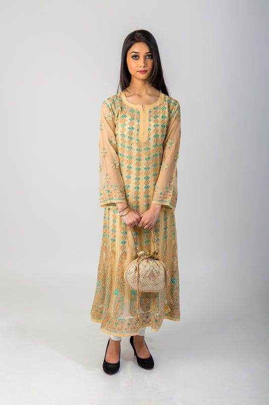Lucknow Chikan Emporium Hand Chikankari Semi Georgette beig colour Anarkali Kurti