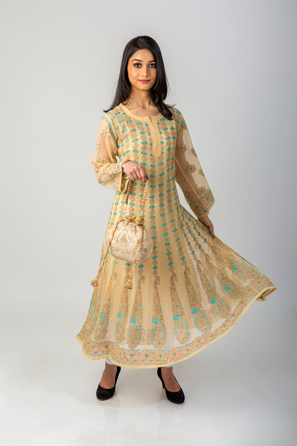Lucknow Chikan Emporium Hand Chikankari Semi Georgette beig colour Anarkali Kurti