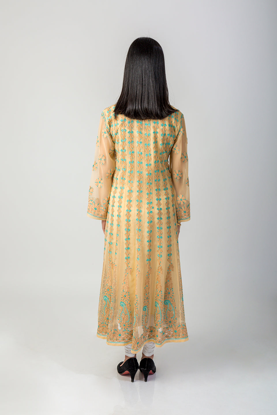Lucknow Chikan Emporium Hand Chikankari Semi Georgette beig colour Anarkali Kurti