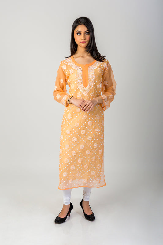 (Peach Colour) Hand Chikankari Semi  Georgette kurti Lucknow Chikan Emporium.