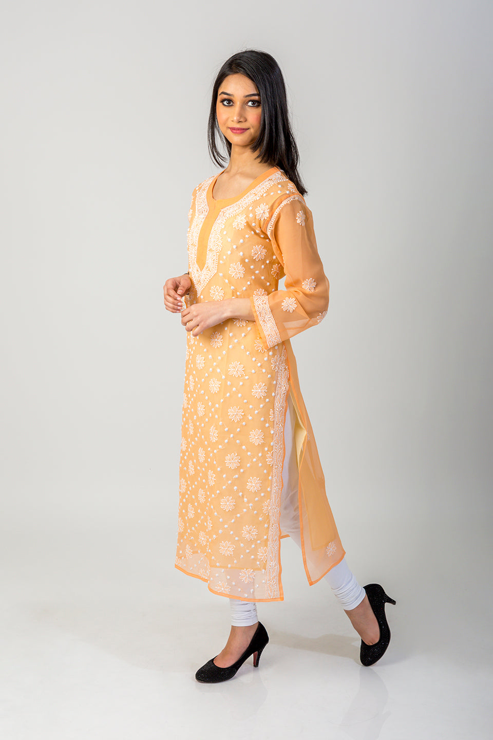 (Peach Colour) Hand Chikankari Semi  Georgette kurti Lucknow Chikan Emporium.