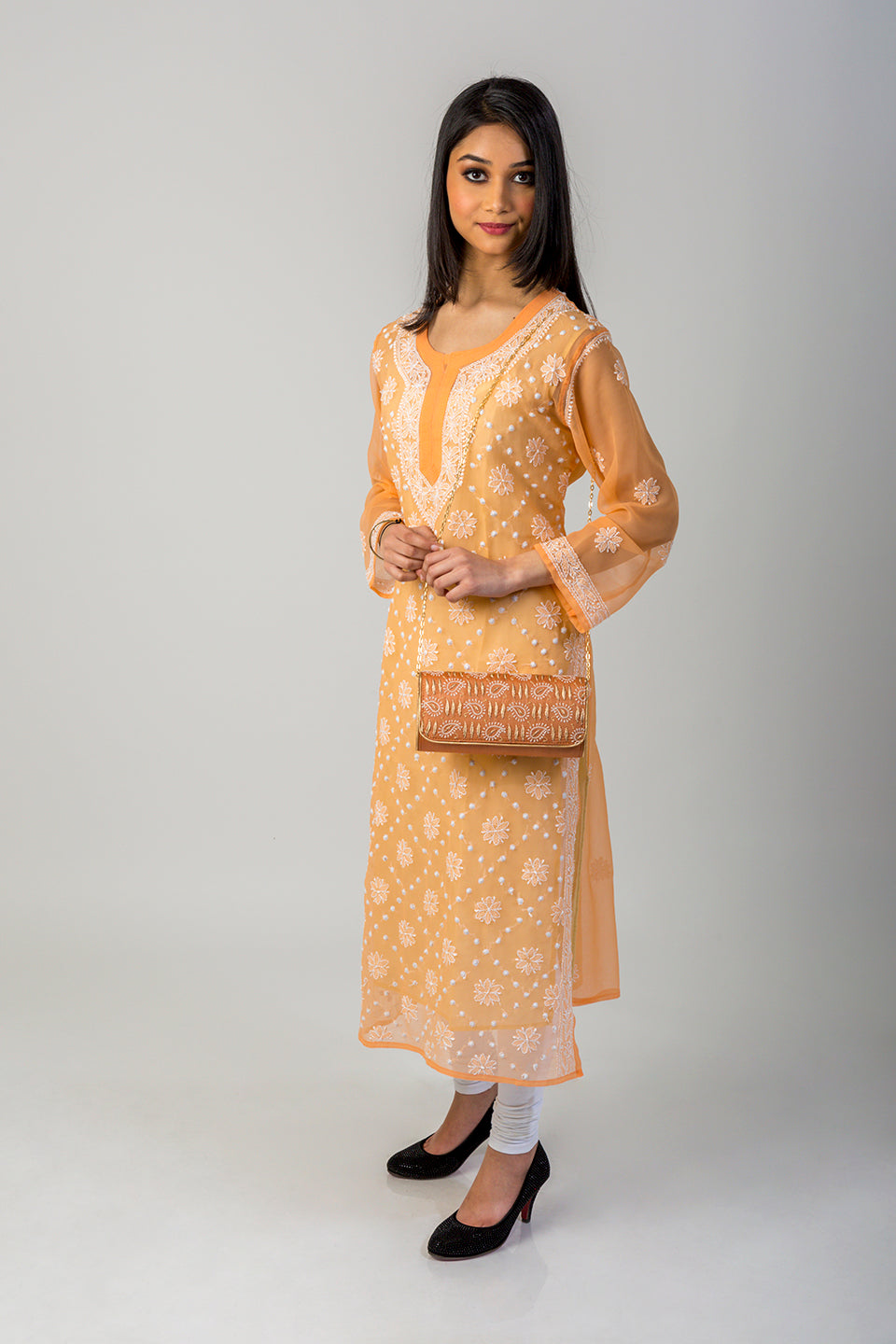 (Peach Colour) Hand Chikankari Semi  Georgette kurti Lucknow Chikan Emporium.