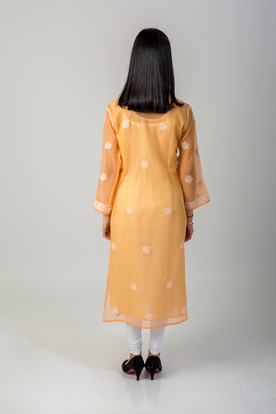 (Peach Colour) Hand Chikankari Semi  Georgette kurti Lucknow Chikan Emporium.