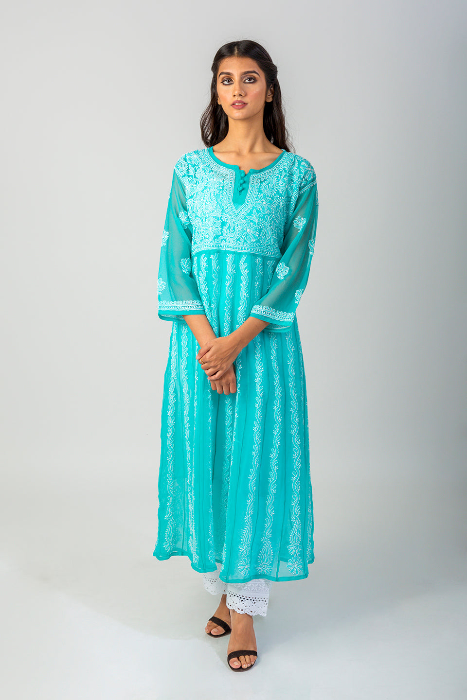Lucknow Chikan Emporium Hand Chikankari Semi Georgette sea green Anarkali Kurti