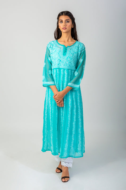 Lucknow Chikan Emporium Hand Chikankari Semi Georgette sea green Anarkali Kurti