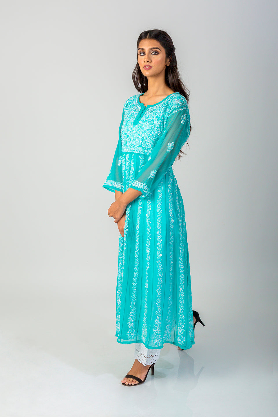 Lucknow Chikan Emporium Hand Chikankari Semi Georgette sea green Anarkali Kurti