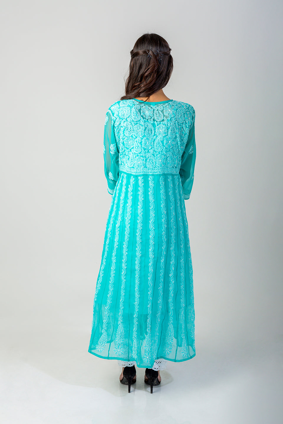 Lucknow Chikan Emporium Hand Chikankari Semi Georgette sea green Anarkali Kurti