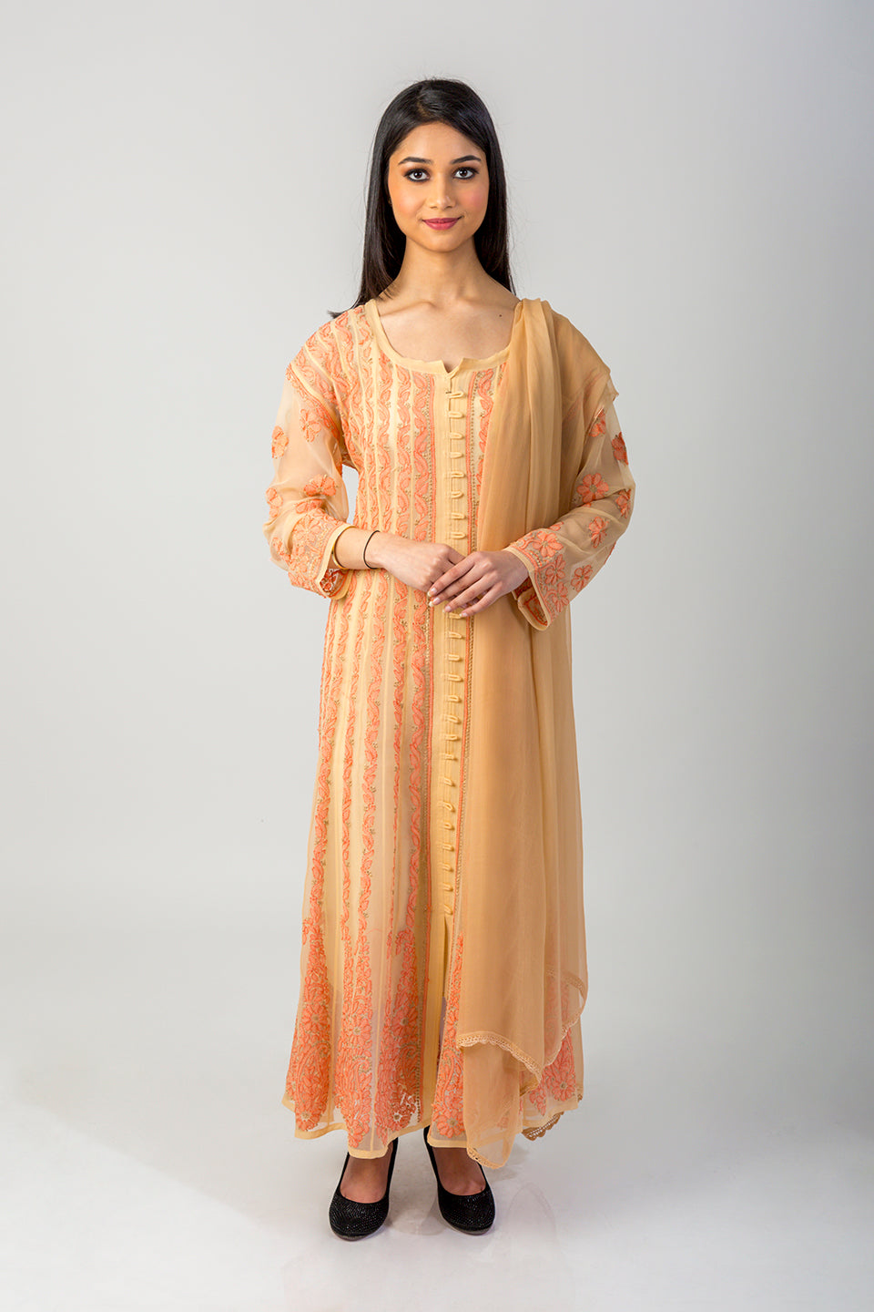 Lucknow Chikan Emporium Hand Chikankari Semi Georgette fawn Anarkali Kurti