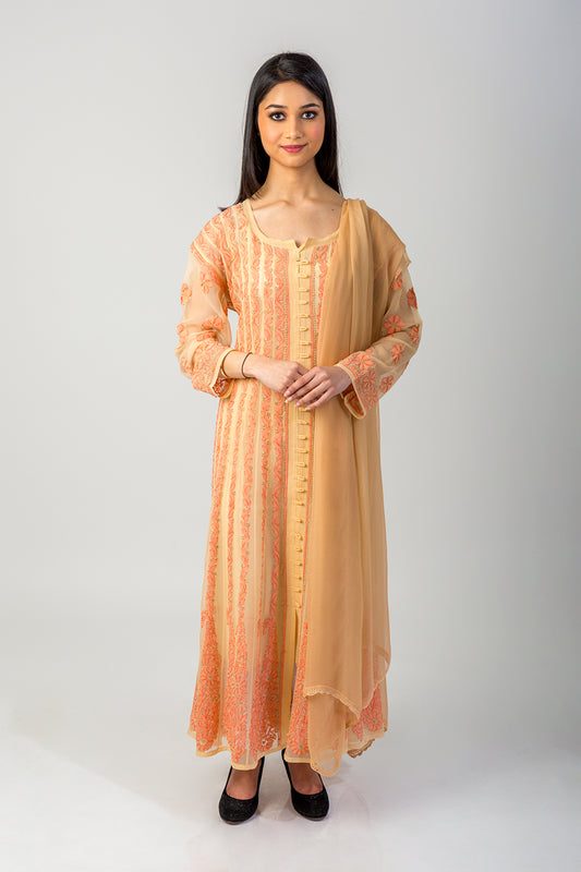 Lucknow Chikan Emporium Hand Chikankari Semi Georgette fawn Anarkali Kurti