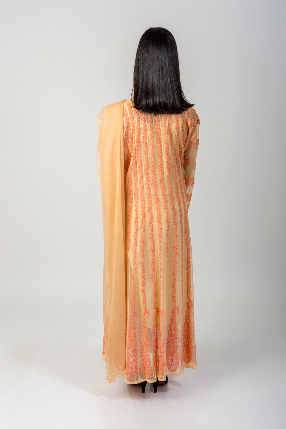 Lucknow Chikan Emporium Hand Chikankari Semi Georgette fawn Anarkali Kurti