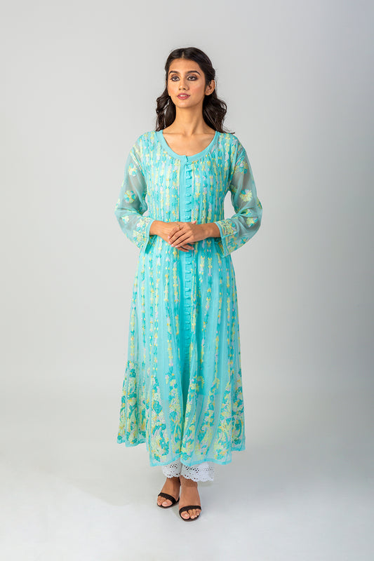 Lucknow Chikan Emporium Hand Chikankari Semi Georgette sea green Anarkali Kurti