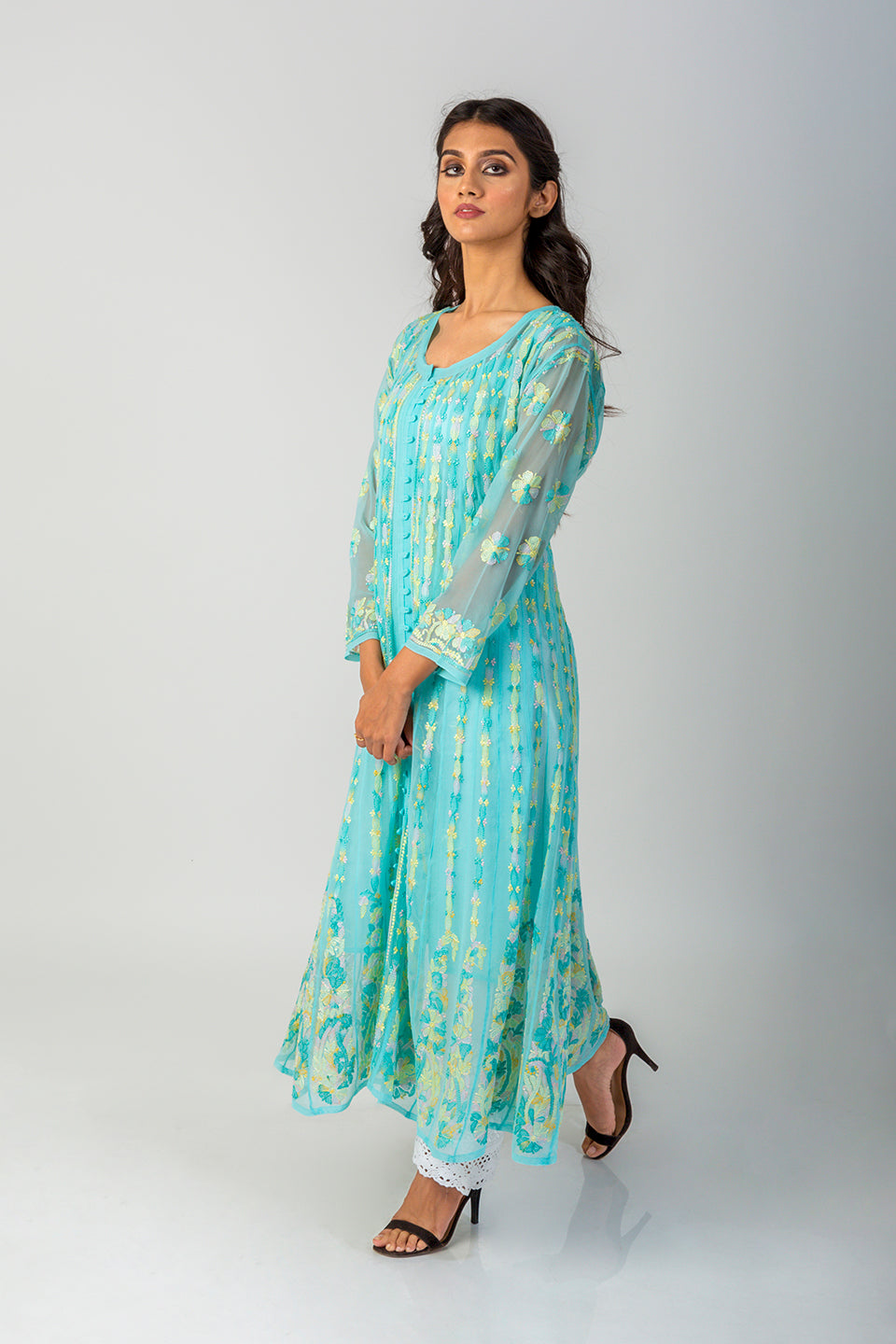 Lucknow Chikan Emporium Hand Chikankari Semi Georgette sea green Anarkali Kurti