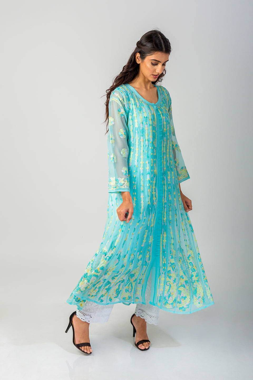 Lucknow Chikan Emporium Hand Chikankari Semi Georgette sea green Anarkali Kurti