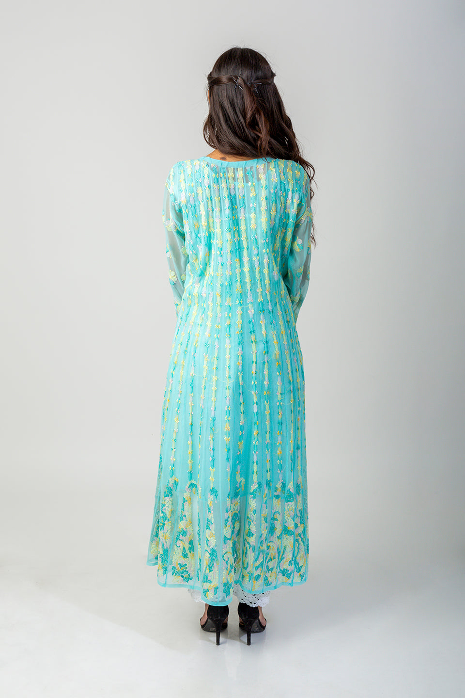 Lucknow Chikan Emporium Hand Chikankari Semi Georgette sea green Anarkali Kurti