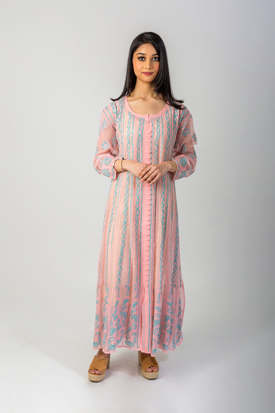 Lucknow Chikan Emporium Hand Chikankari Semi Georgette peach Anarkali Kurti