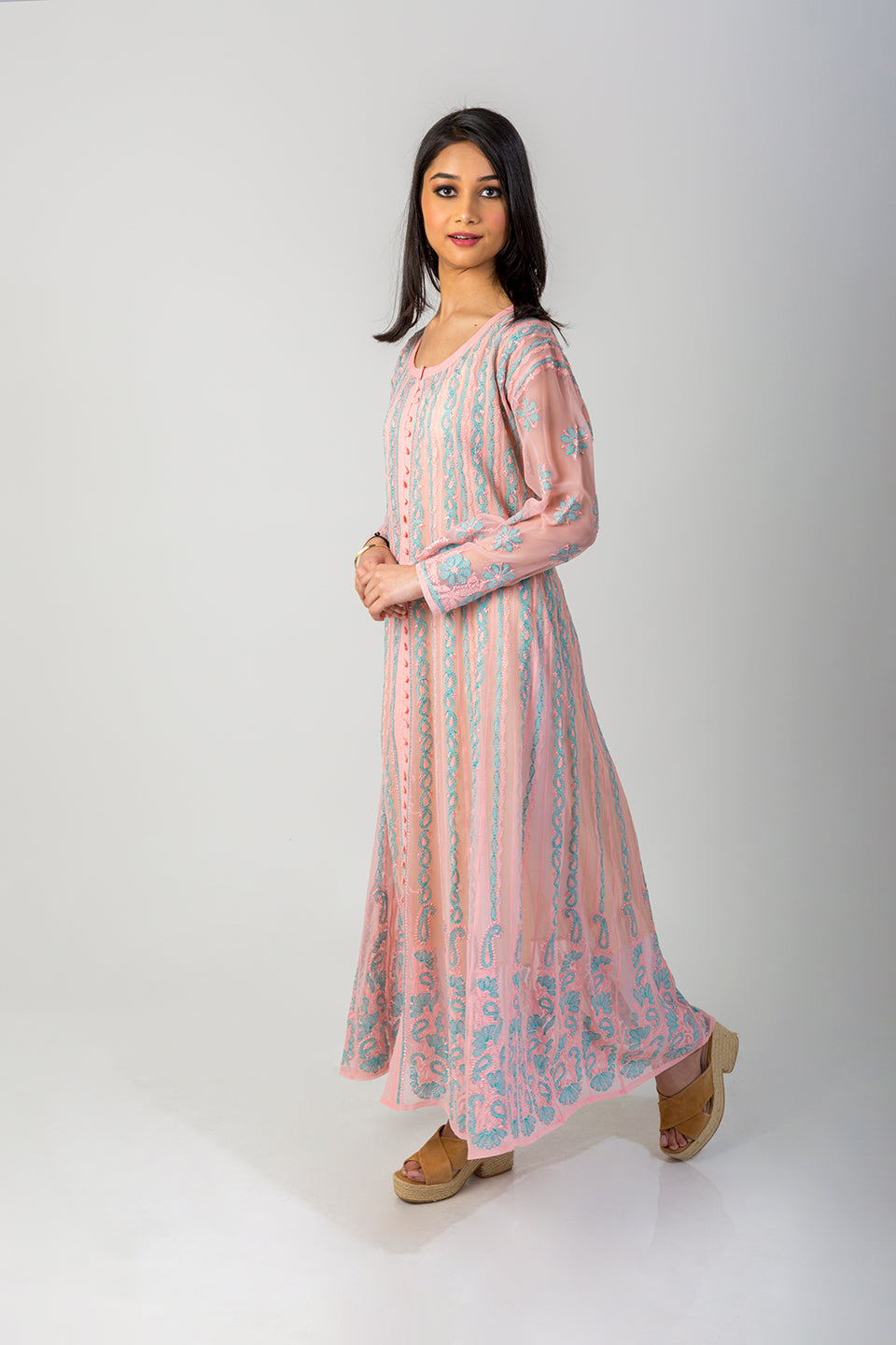 Lucknow Chikan Emporium Hand Chikankari Semi Georgette peach Anarkali Kurti