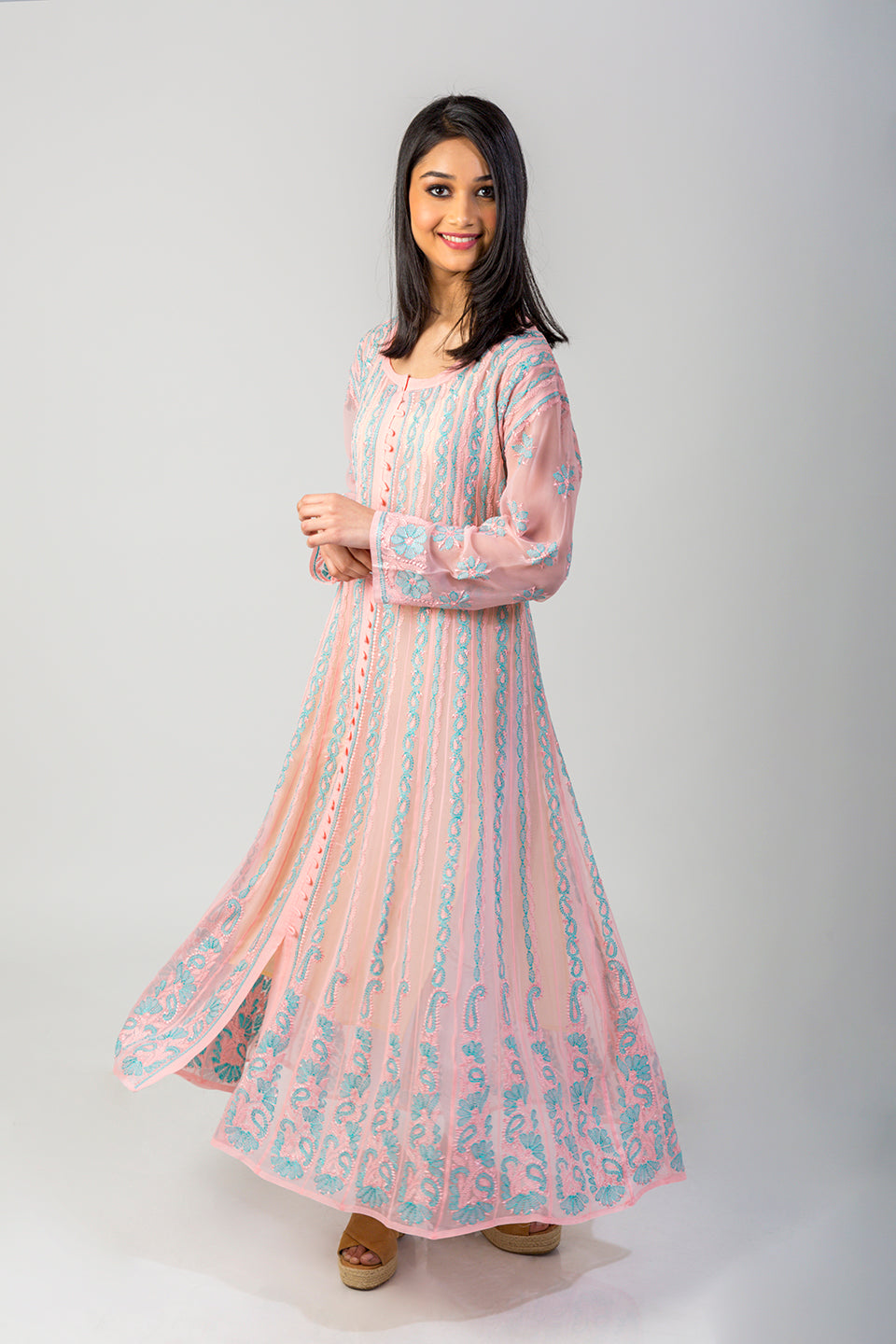 Lucknow Chikan Emporium Hand Chikankari Semi Georgette peach Anarkali Kurti