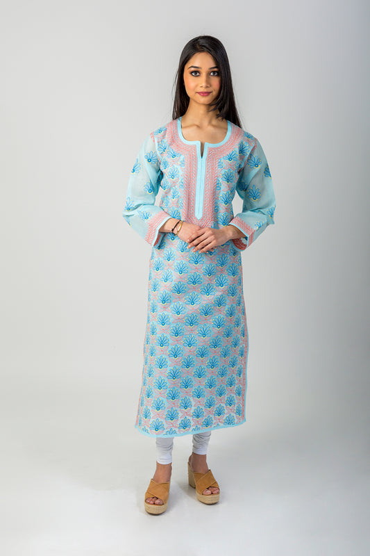 Cotton Kurti Nice Blue Colour Hand Chikankari Lucknow Chikan Emporium.