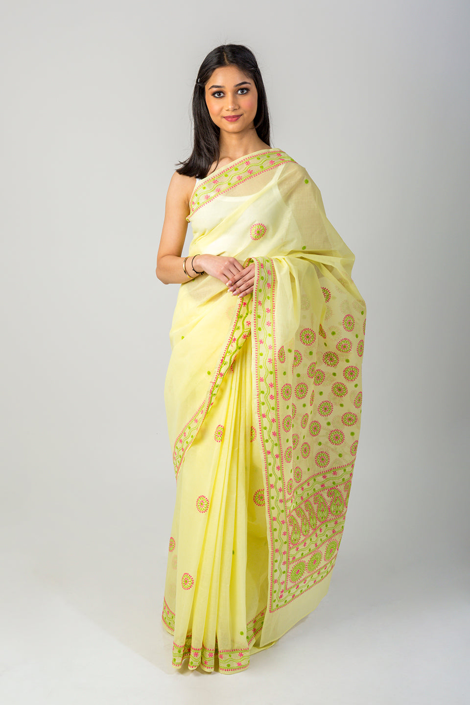 Lucknow Chikan Emporium Cotton Saree Lemon Yellow Colour With Blouse piece included.