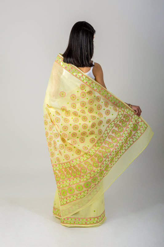 Lucknow Chikan Emporium Cotton Saree Lemon Yellow Colour With Blouse piece included.