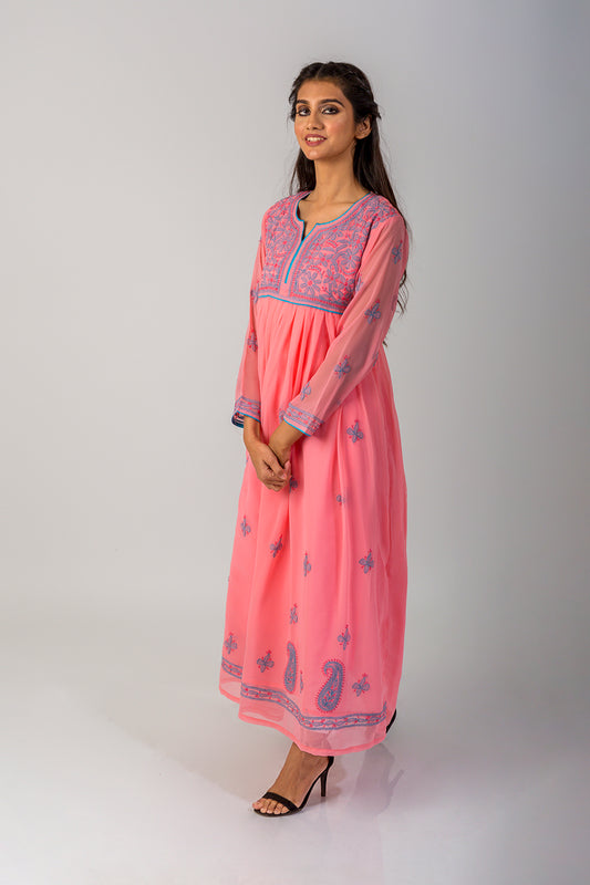 Semi Georgette nice dark peach Lucknow Chikan Emporium Hand Chikankari Anagarkha Kurti