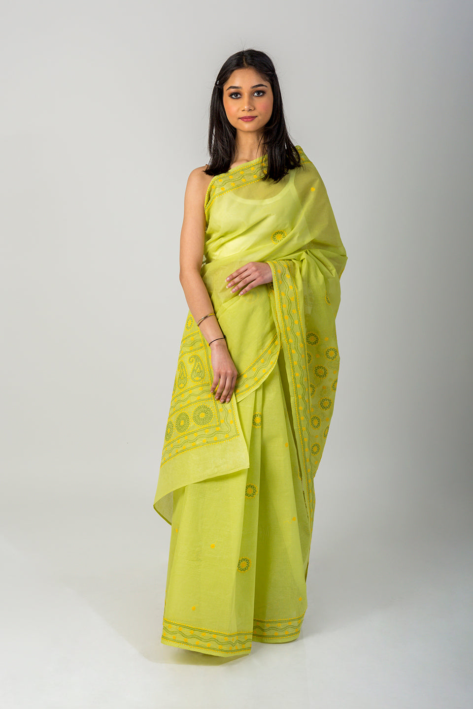 Cotton Saree Green Colour  Lucknow Chikan Emporium With Blouse