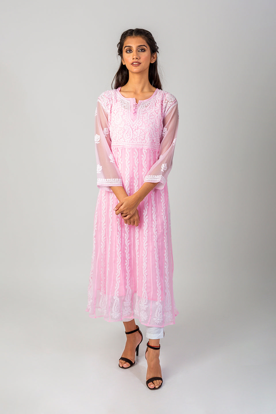 Lucknow Chikan Emporium Hand Chikankari Semi Georgette pink Anarkali Kurti