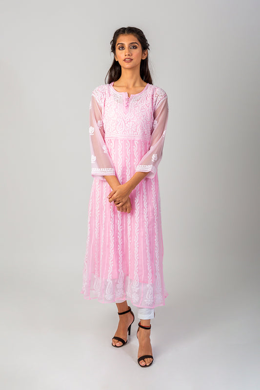 Lucknow Chikan Emporium Hand Chikankari Semi Georgette pink Anarkali Kurti