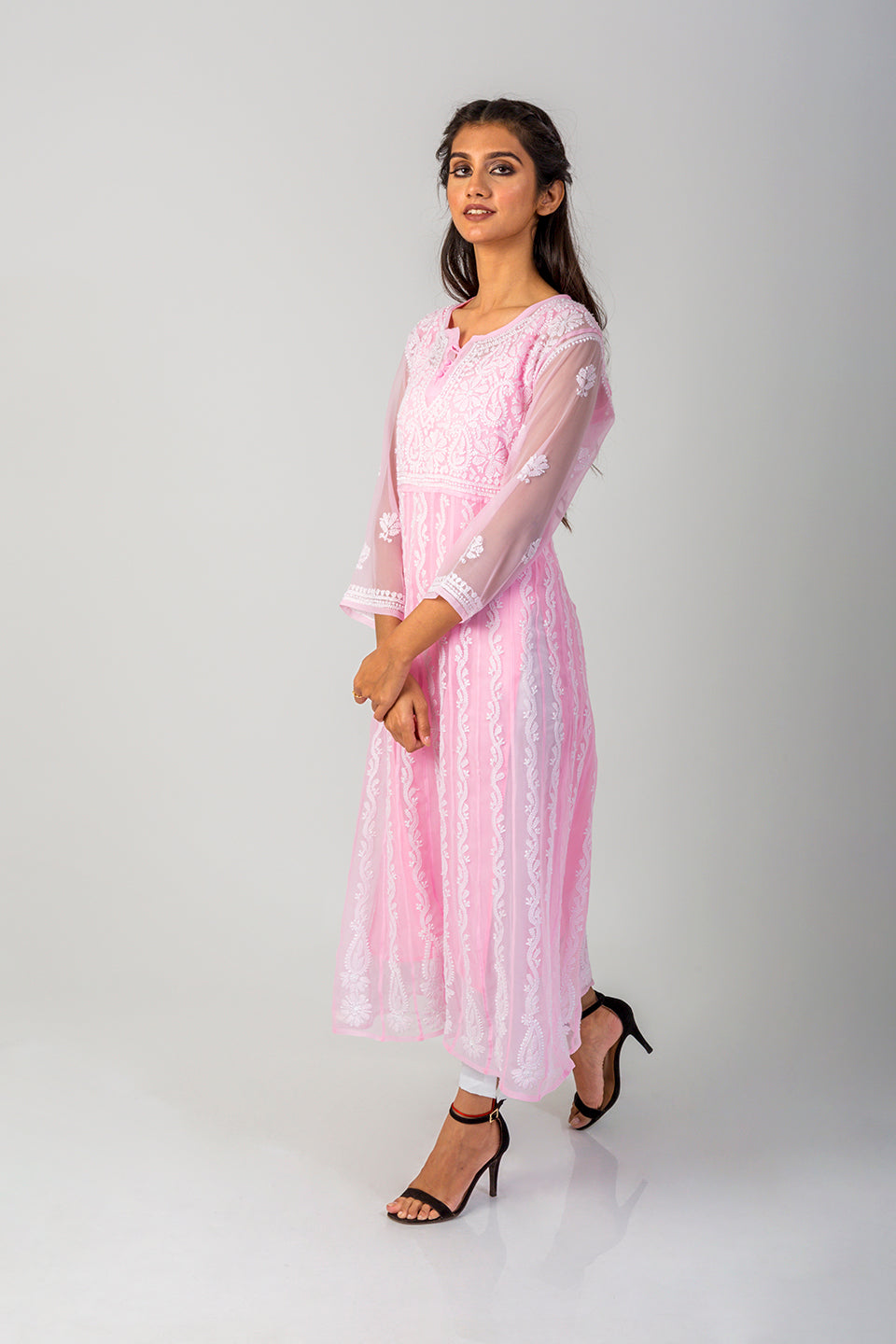 Lucknow Chikan Emporium Hand Chikankari Semi Georgette pink Anarkali Kurti