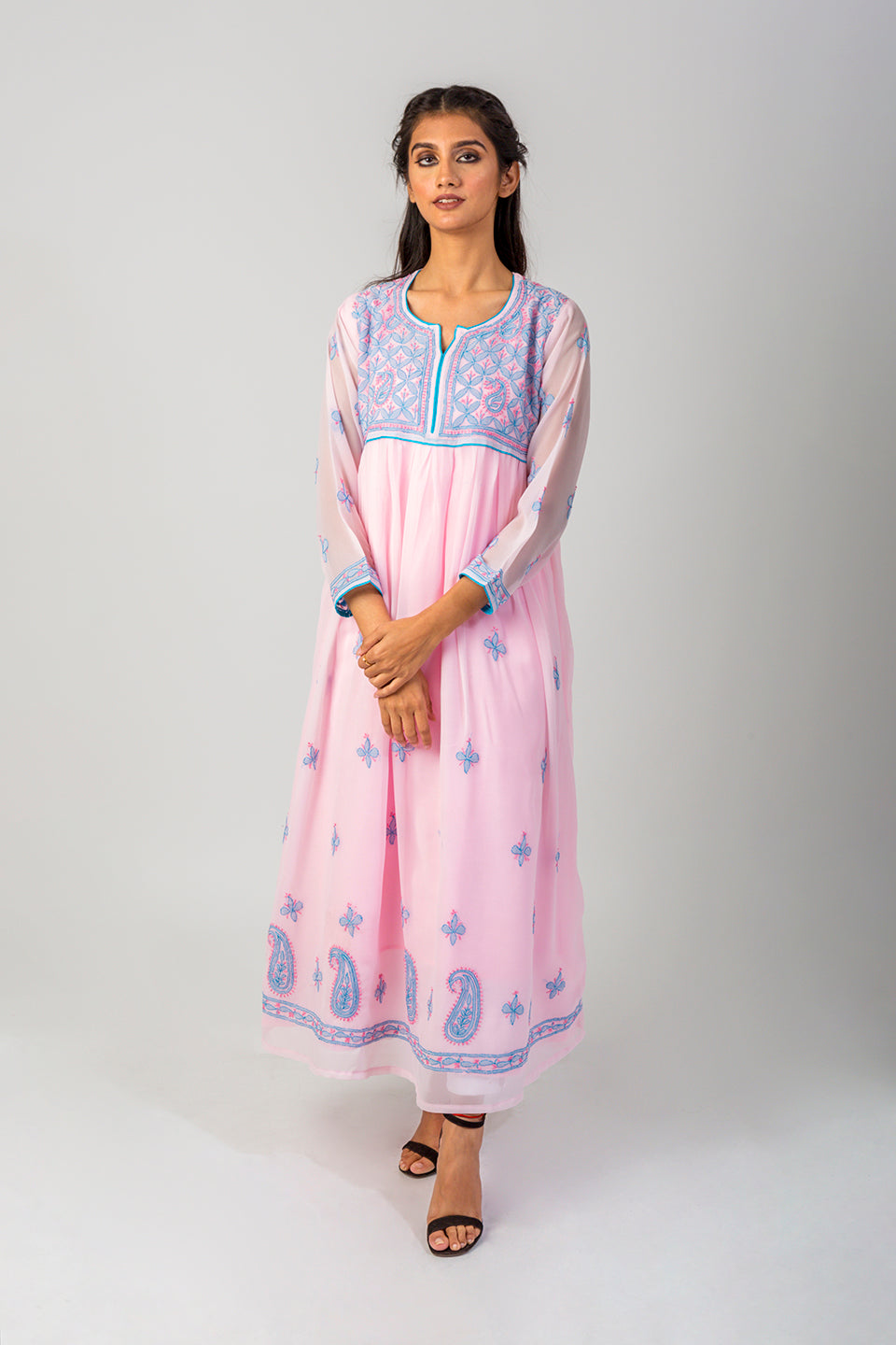 Pink Semi Georgette  Lucknow Chikan Emporium Hand Chikankari Anagarkha Kurti