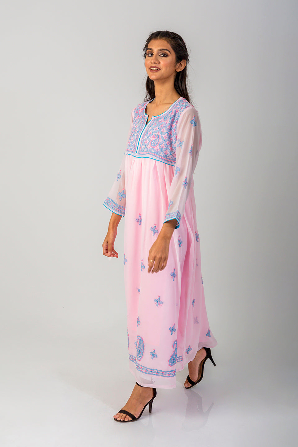 Pink Semi Georgette  Lucknow Chikan Emporium Hand Chikankari Anagarkha Kurti