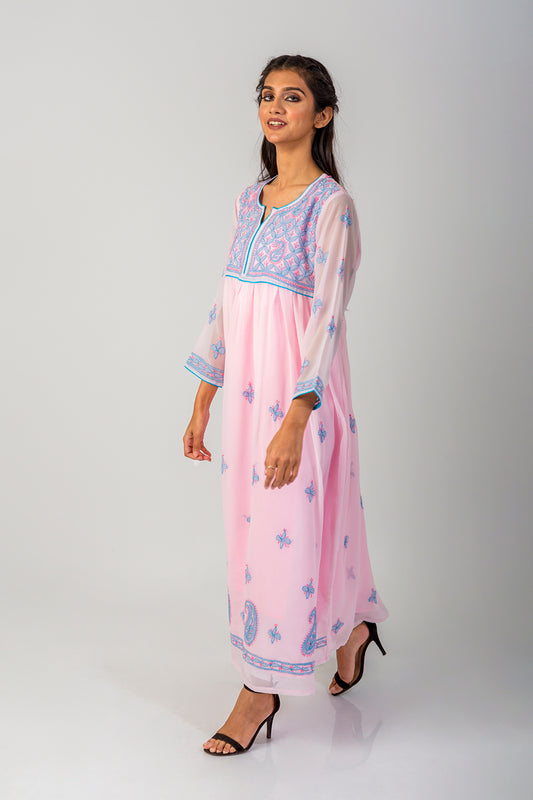 Pink Semi Georgette  Lucknow Chikan Emporium Hand Chikankari Anagarkha Kurti