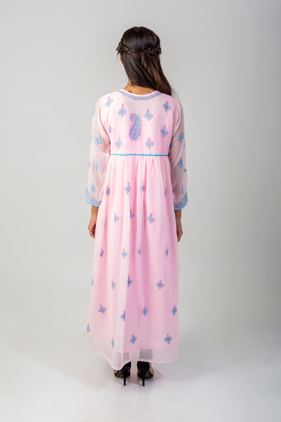 Pink Semi Georgette  Lucknow Chikan Emporium Hand Chikankari Anagarkha Kurti