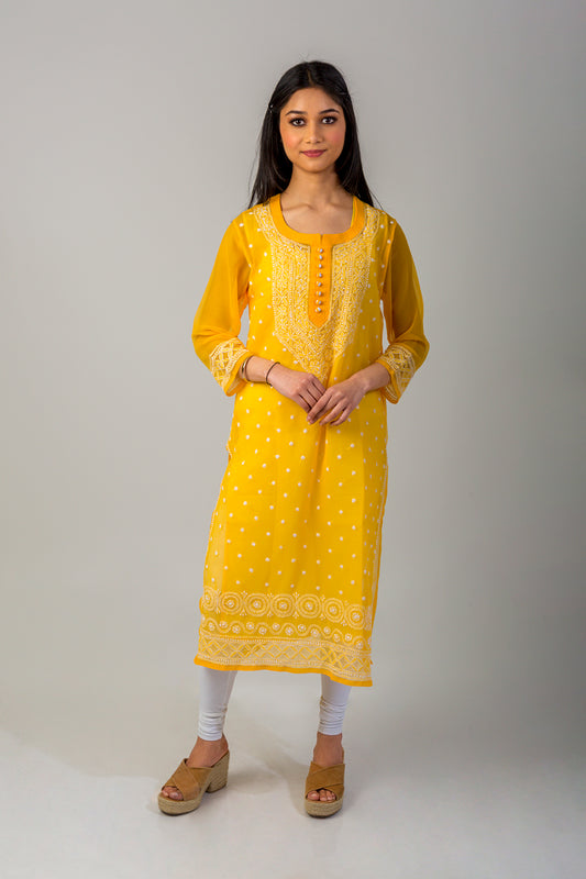 Lucknow Chikan Emporium Hand Semi Georgettechikankari Kurti (Nice Mustard)