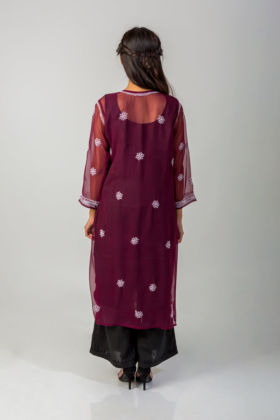 Wine Rayon Floral Embroidered Round-Neck Straight Kurta Sets at Soch