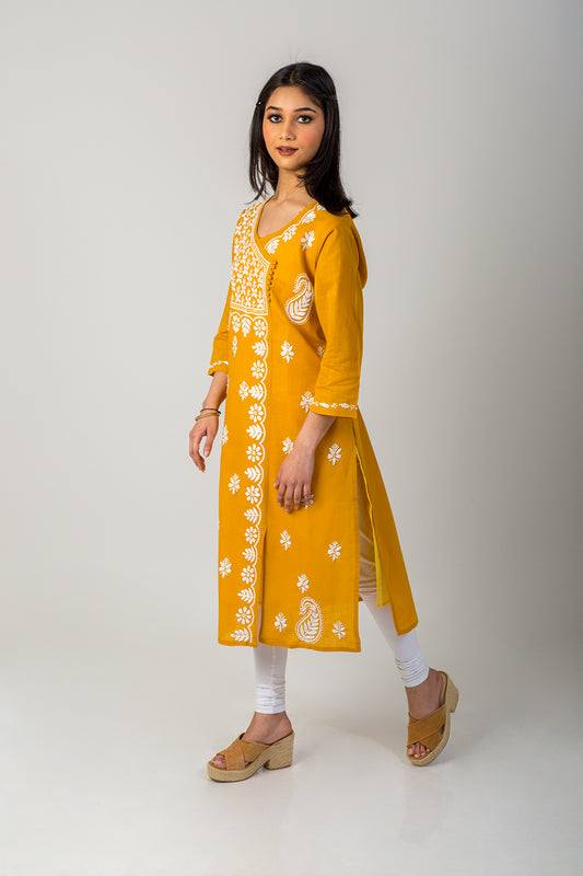 Lucknow Chikan Emporium Hand Chikankari Cottonkurti (Mustard Colour)