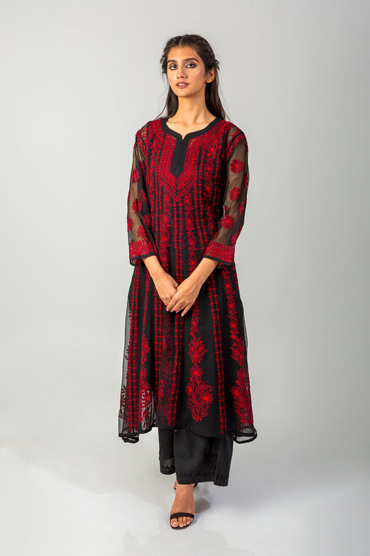 Lucknow Chikan Emporium Hand Chikankari Semi Georgette nice black Anarkali Kurti