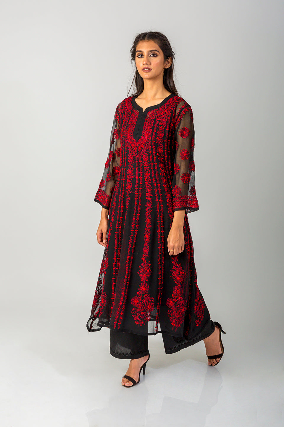 Lucknow Chikan Emporium Hand Chikankari Semi Georgette nice black Anarkali Kurti