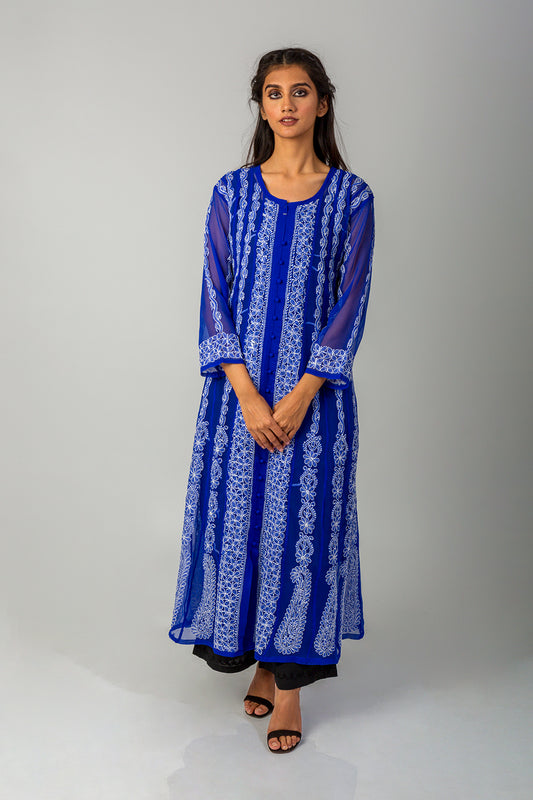 Lucknow Chikan Emporium Hand Chikankari Semi Georgette royal blue Anarkali Kurti