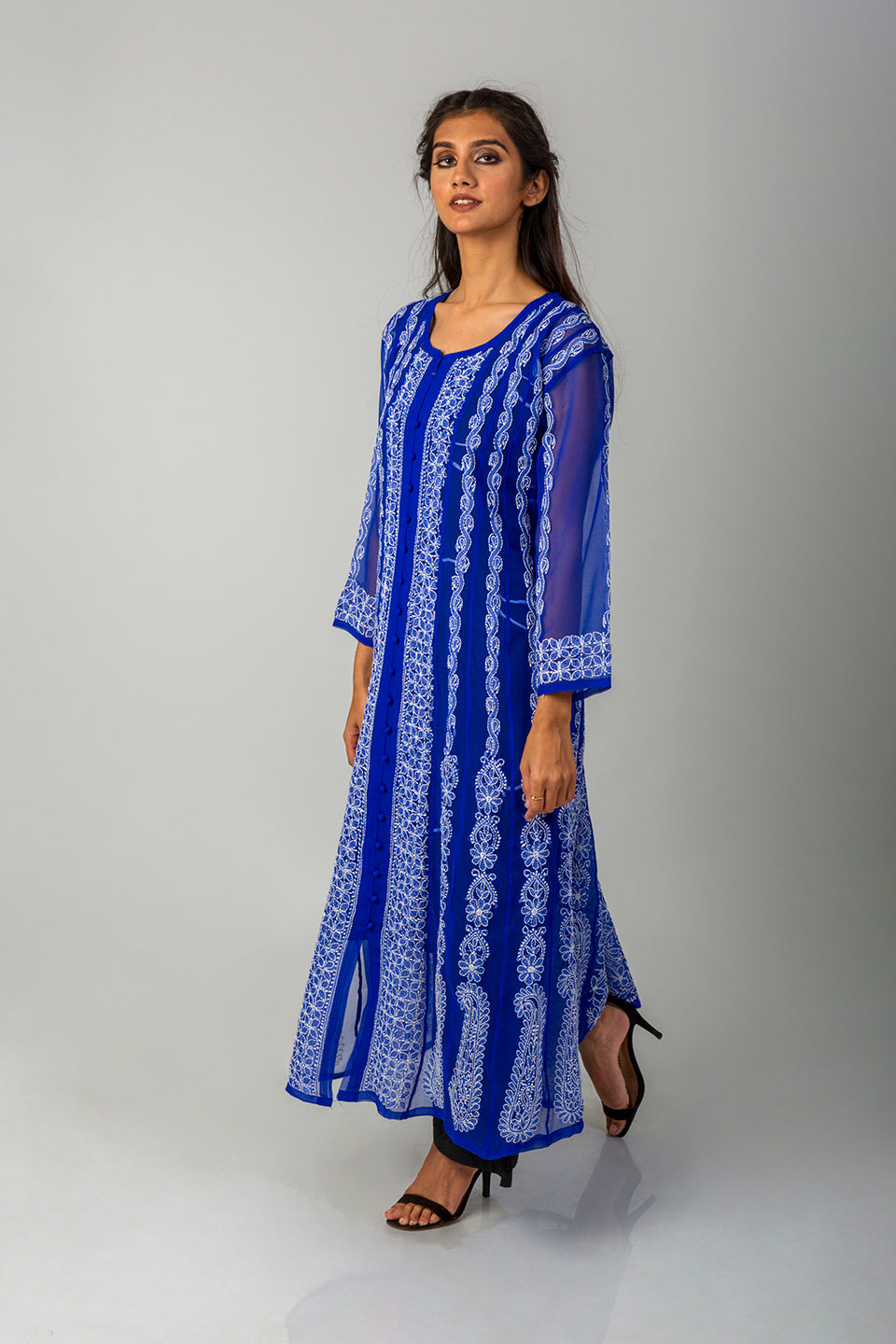 Lucknow Chikan Emporium Hand Chikankari Semi Georgette royal blue Anarkali Kurti