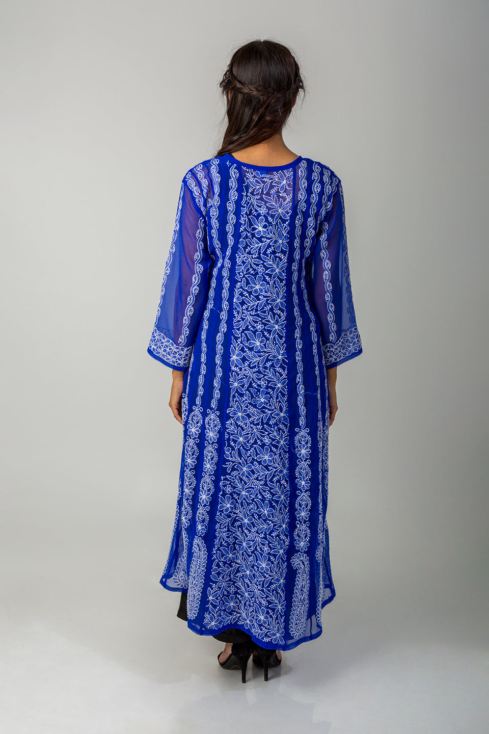 Lucknow Chikan Emporium Hand Chikankari Semi Georgette royal blue Anarkali Kurti