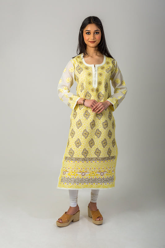 Cotton Yellow Colour Lucknow Chikan Emporium Floral Kurti.