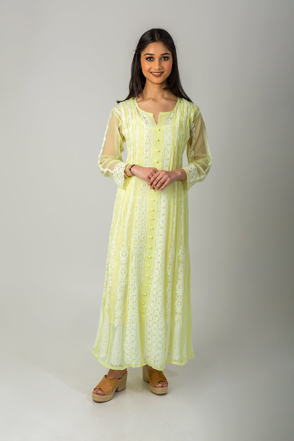 Lucknow Chikan Emporium Hand Chikankari Semi Georgette lemon yellow Anarkali Kurti