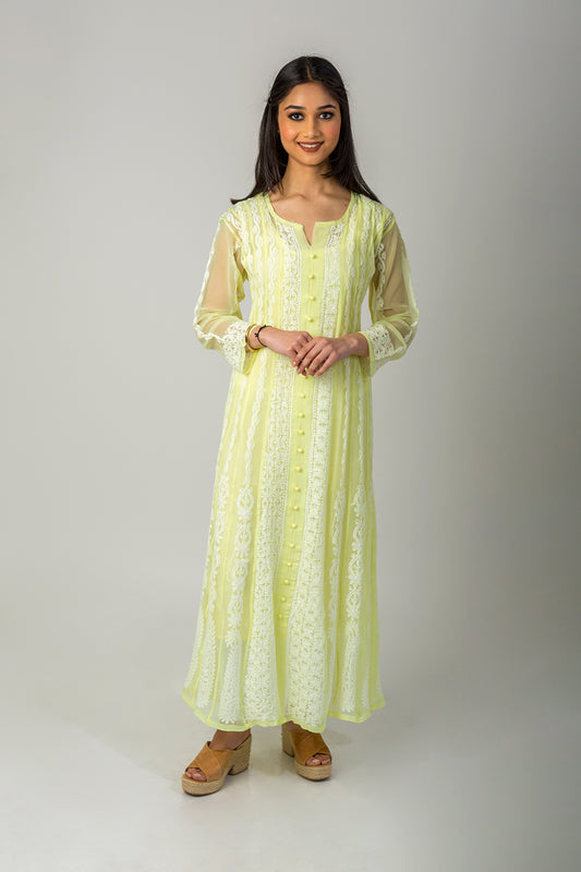 Lucknow Chikan Emporium Hand Chikankari Semi Georgette lemon yellow Anarkali Kurti